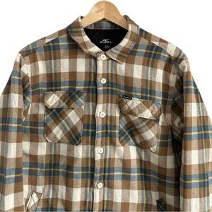 O’Neil Carmel Brown Teal Plaid Lined Button-Up Collared Jacket Medium